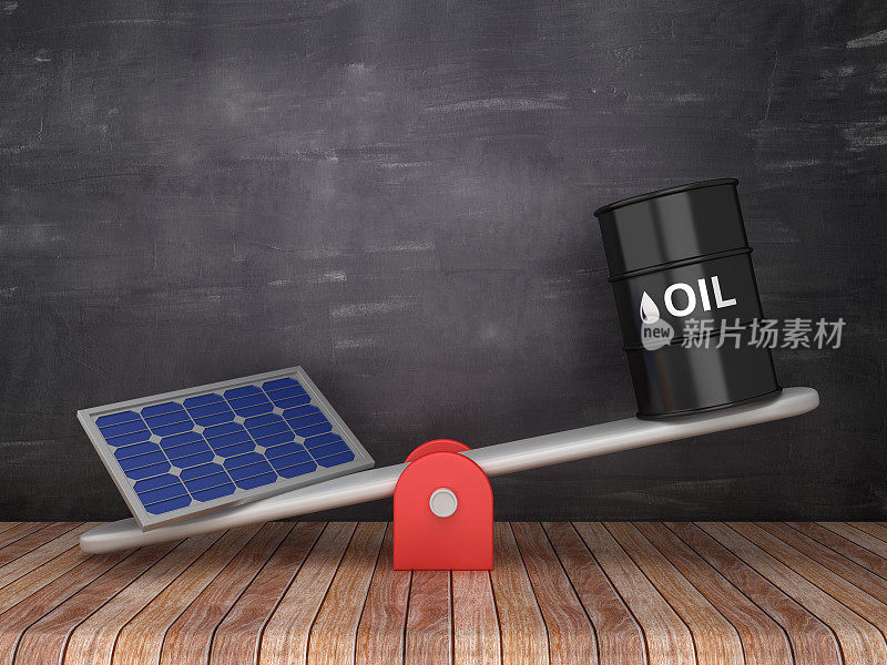 跷跷板规模与油箱和太阳能电池板在黑板背景- 3D渲染